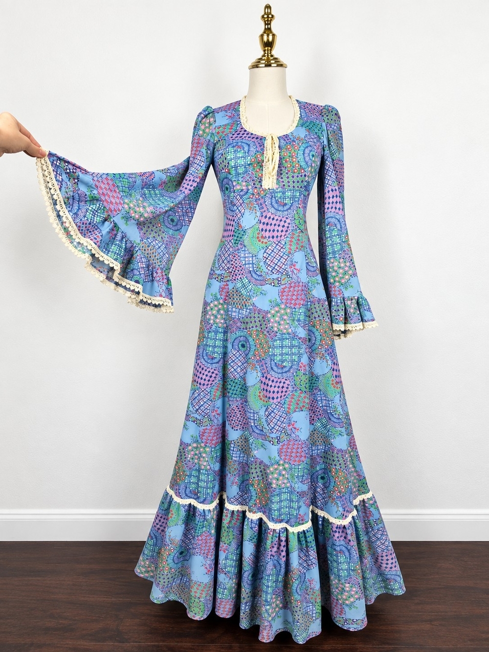 Vintage 60s 70s Psychedelic Hippie Bohemian Lace Bell Sleeve Maxi Dress XS